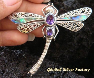 Silver Shell Amethyst Dragonfly Pendant Brooch BC-110-PS