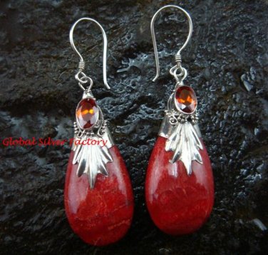 925 Silver Red Coral Garnet Teardrop Earrings ER-115-KA