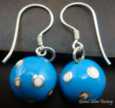 Silver White Polka Dots Blue Chime Ball Earrings CBE-124-KT