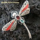 925 Silver Dragonfly Coral Garnet Topaz Brooch BC-112-PS