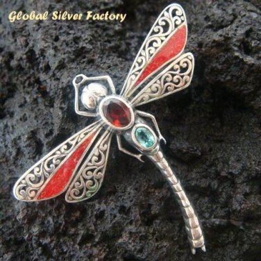 925 Silver Dragonfly Coral Garnet Topaz Brooch BC-112-PS
