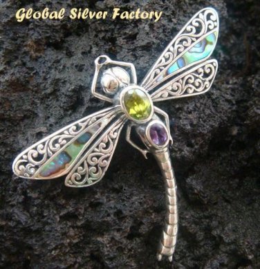925 Silver Dragonfly Amethyst & Peridot Brooch BC-113-PS