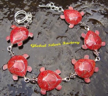 : Sterling Silver & 6 Turtle Red Coral Bracelet SBB-369-KT