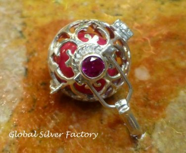 Large 28-MM Sterling Silver Harmony Ball, Mexican Bola Pendant with Garnet Stone HB-390-KT