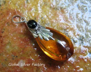 Silver Onyx Synthetic Amber Teardrop pendant SJ-226-KA