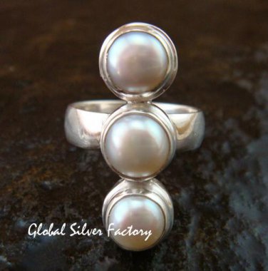 Sterling Silver Triple Freshwater Pearl Bali Handmade Ring RI-392-KT
