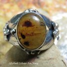 Large Sterling Silver Flower Design Ring w Genuin Amber RI-657-NY