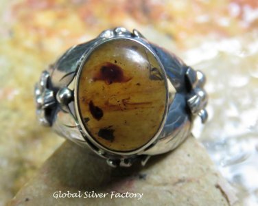 Large Sterling Silver Flower Design Ring w Genuin Amber RI-657-NY