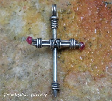 Hand Made Sterling Silver Christian Cross Pendant w Pink Crystal + Free Chain SP-821-NY