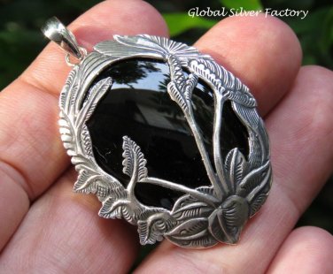 Hand Carved Tree Design Sterling Silver Large Black Onyx Pendant SP-823-KA