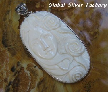 Sterling Silver Lady Cameo and Flowers Pendant BP-199-PS