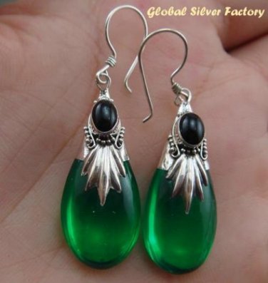 Silver Green Quartz (syn) & Onyx Earrings SJ-189-KA