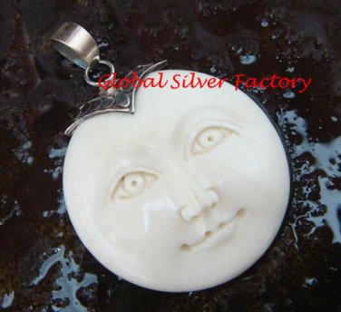 Hand Made Sterling Silver Moon Face Carved Bone Pendant GDP-1150-KA