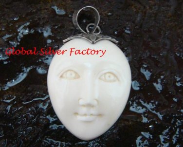 Hand Made Sterling Silver Moon Face Carved Bone Pendant GDP-1152-KA