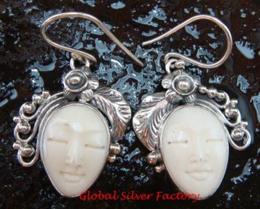 Hand Made Sterling Silver Face Ox Bone Earrings GDE-1157-NY