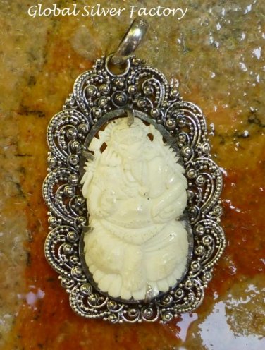 Sterling Silver Carved Bone Ganesh Pendant BP-181-KT