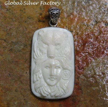 Silver Carved Lady and Bear Pendant BP-208-KA