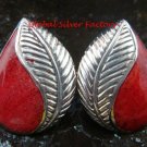 Sterling Silver Leaf Design Red Coral Gemstone Earrings ER-661-PS