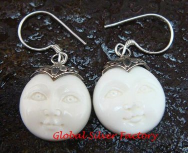 Handmade 925 Silver Moon Face Carved Ox Bone Earrings GDE-1154-KA