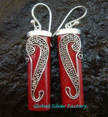 Bali Sterling Silver Coral Tube Earrings ER-597-NY