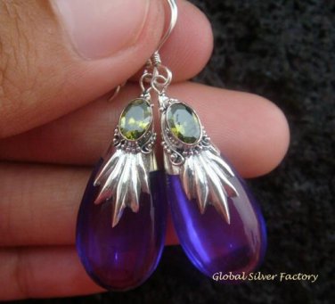 Silver Peridot & Synthetic Teardrop Amethyst Earrings SJ-140-KT