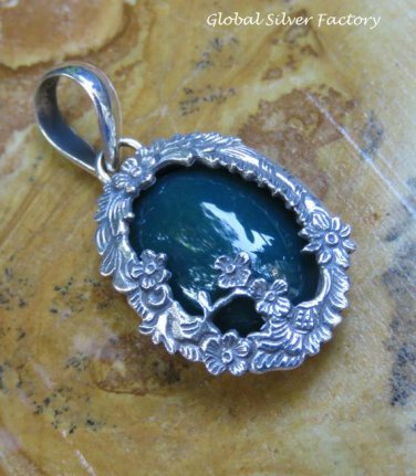 Petite Sterling Silver Green Agate Carved Flower and Vine Design Pendant SP-810-KA