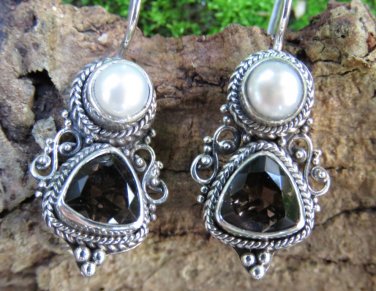 Smokey Quartz and Pearl Silver Earrings ER-870