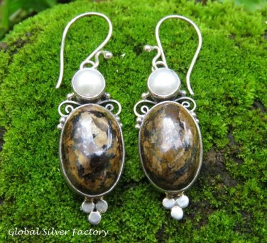 Sterling Silver Leopard Skin Jasper & Pearl Gemstone Earrings ER-846