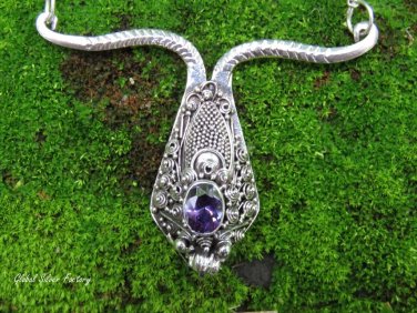 Sterling Silver and Amethyst Snake Head Necklace NS-138