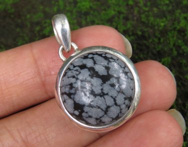 Round 925 Sterling Silver & Snowflake Obsidian Gemstone Pendant SP-918-NY