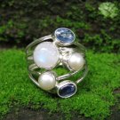 925 Silver Gemstone Ring//Rainbow Moonstone//Kyanite//Pearl//Cocktail Ring RI-758-KT
