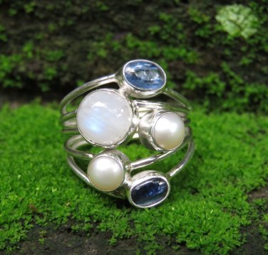 925 Silver Gemstone Ring//Rainbow Moonstone//Kyanite//Pearl//Cocktail Ring RI-758-KT