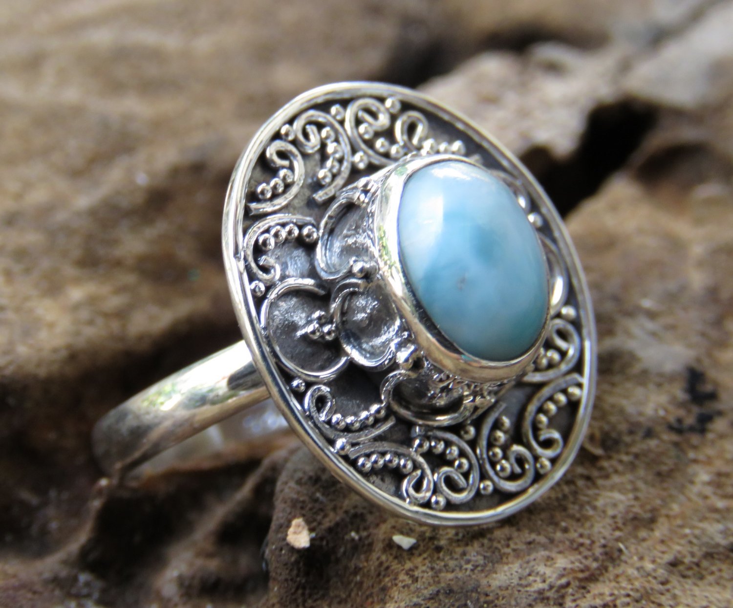 Silver Ring//Larimar//Bali Ring//Carribean Gemstone//Gemstone Ring RI ...