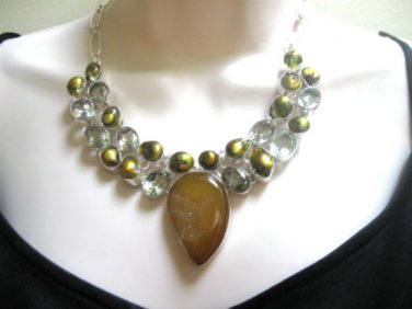 GREEN  AMETHYST,  DRUZY  & BIWA  PEARL SILVER  PLATED NECKLACE,  18"