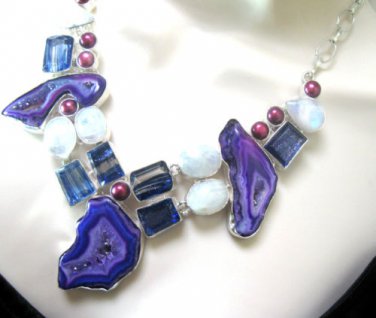 SILVER   PLATED  NECKLACE  -  DRUZY,  RAINBOW  MOONSTONE &  TOPAZ  -110 g, 18"