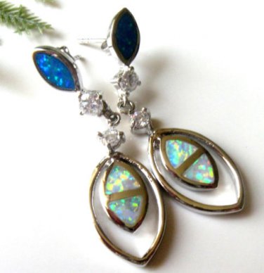 FAST SHIP- Blue & White Fire Opal & CZ Silver  Stud  Earrings - 1.5''