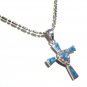 BLUE   FIRE OPAL  INLAY    STERLING   SILVER   PENDANT  NECKLACE,  16"