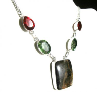 Retail $200.00  Sea  Jasper, Green Topaz, Garnet  -  STERLING SILVER NECKLACE