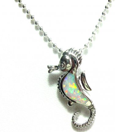 WHITE  OPAL  INLAY   STERLING   SILVER   GEMSTONE   PENDANT  NECKLACE,   18"