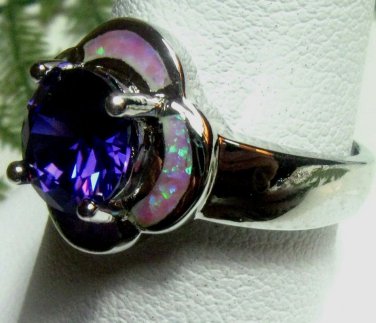 Purple Amethyst/ Angel Pink Fire Opal  INLAY  Silver Ring,  Size 7.5