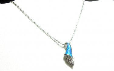 FAST SHIP -  BLUE  FIRE OPAL  INLAY  STERLING   SILVER   PENDANT  NECKLACE  16"