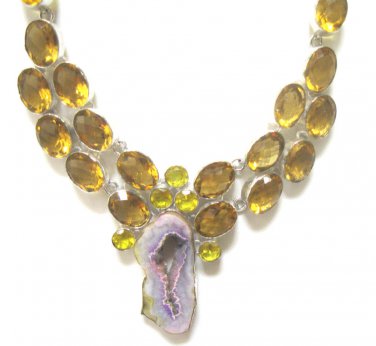 FAST SHIP -    925 SILVER  PLATED CITRINE & DRUZY  NECKLACE, 18"