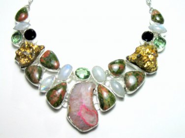 ARTISAN  SILVER PLATED  NECKLACE -  UNAKITE, DRUZY, AMETHYST, MOONSTONE - 116 GM