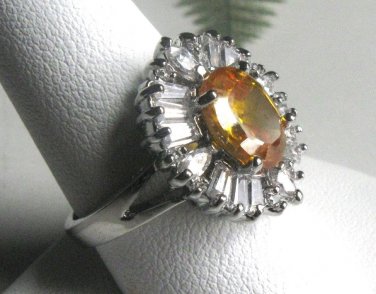 FAST SHIP -   OVAL CUT CITRINE &  WHITE TOPAZ  STERLING SILVER GEM RING,  SIZE 7