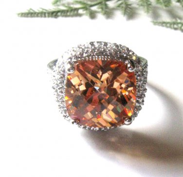 FREE SHIP - 925  Sterling  Silver -  Citrine & Cubic  Zirconia  Ring,  Size  7.5