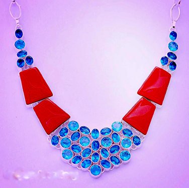 Rear Italian Coral with Blue Topaz Quartz Necklace 20~22"