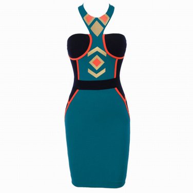 Women's Slimming Zipper Back Color Block Bandage Dress