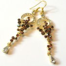 Gold Tone Long Drop Earrings with Clear and Topaz Rhinestones