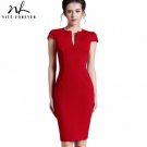 Deep V neck Zipper Back Formal Stretch Pencil work Bodycon Red Pink Blue Black