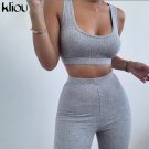 Kliou women fitness tracksuit 2 pieces set slim crop top + padded (IROCKBAGS.COM)